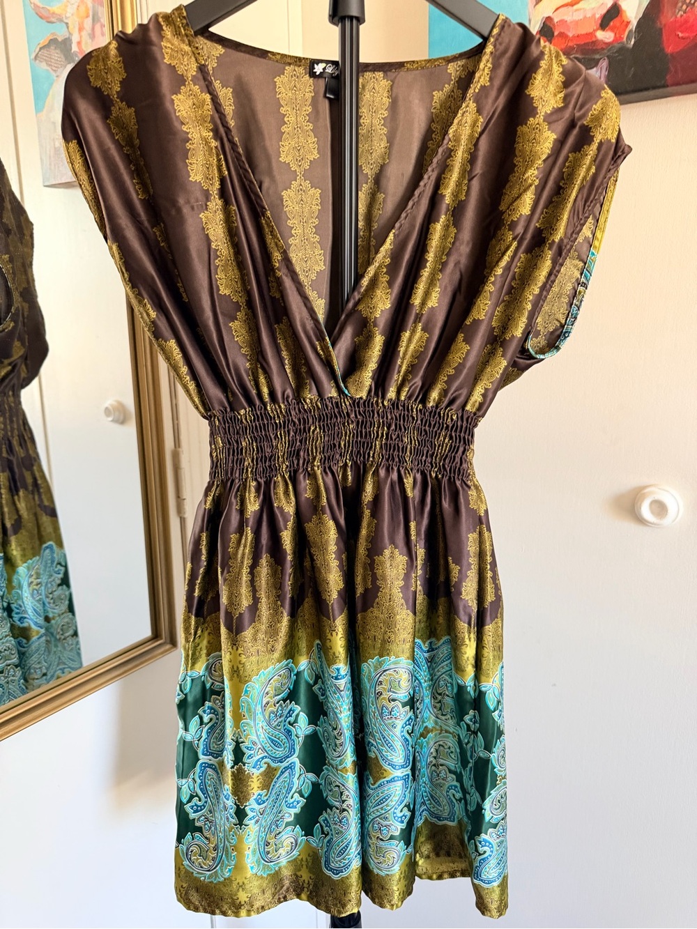 Lily White Brown Teal Paisley Satin Boho Mini Dress
